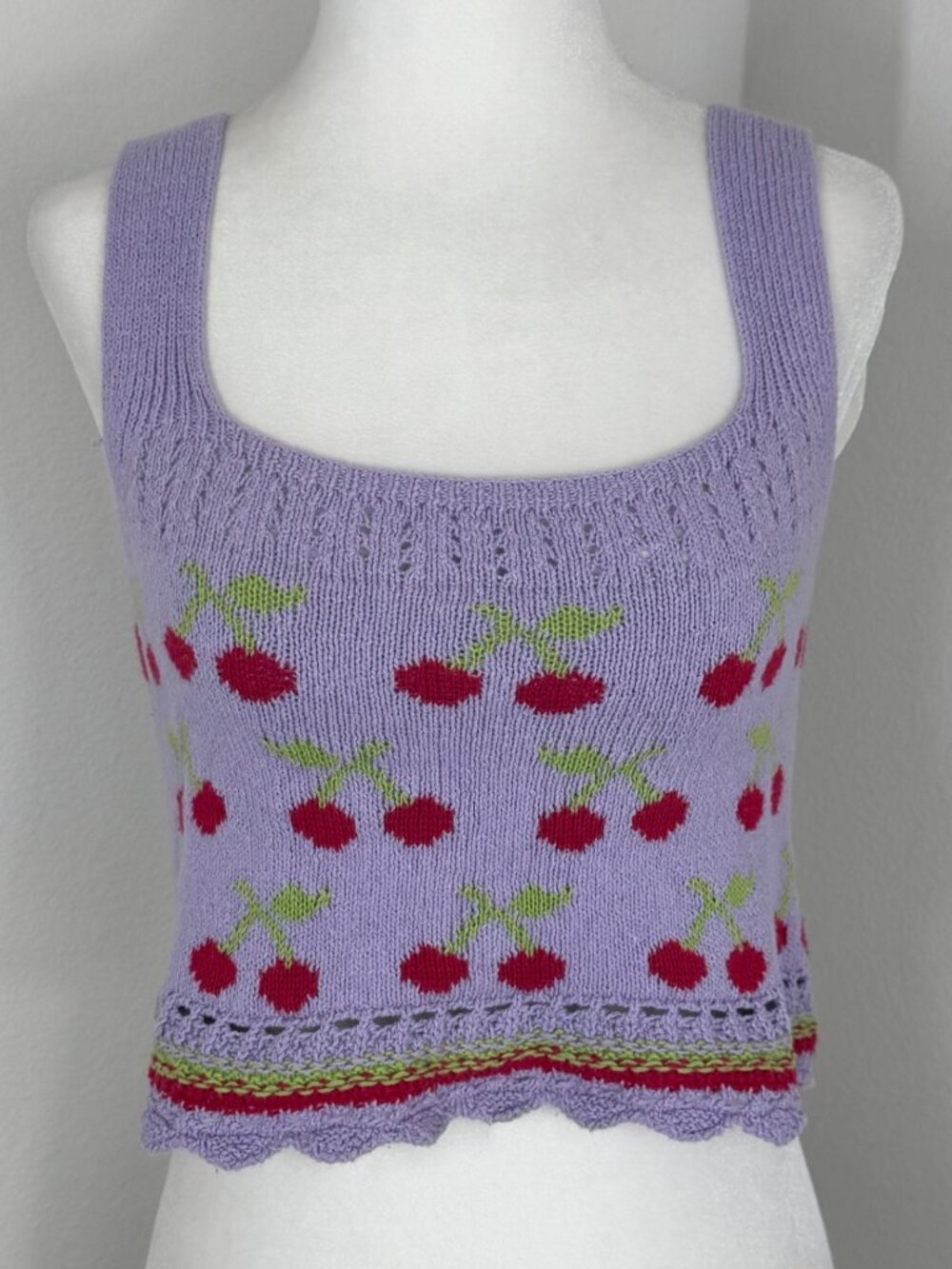 Zara Cherries Top Knit Cropped Sz S Lavender Square Neck Scalloped